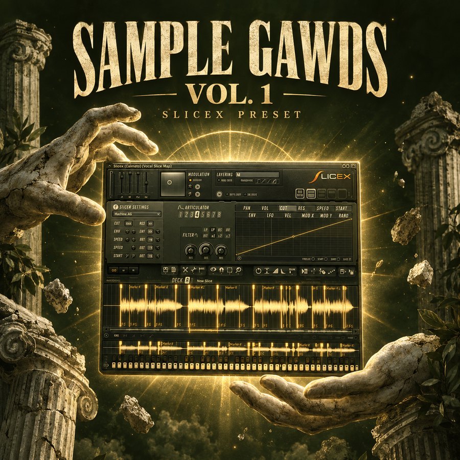 Sample Gawds Vol. 1 cover: the SliceX plugin glowing gold between marble statue hands and columns